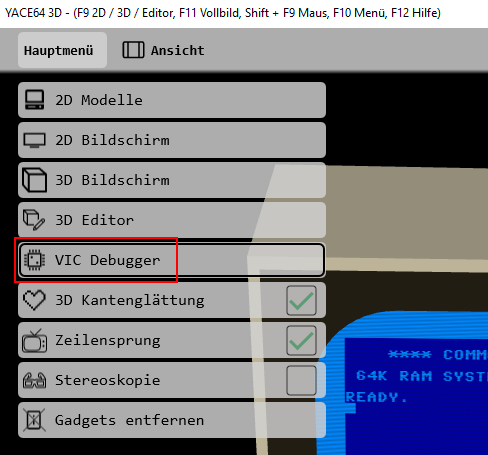Menu for VIC Debugger